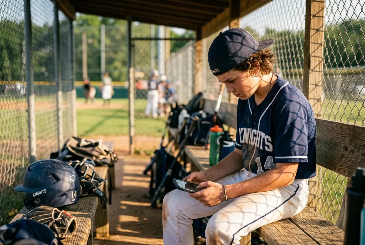 Baseball player focused in the dugout