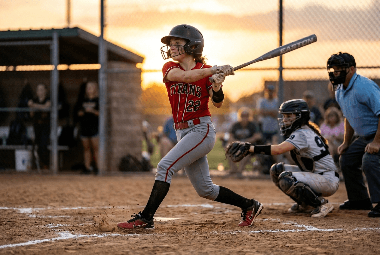 Softball player mid-swing at golden hour