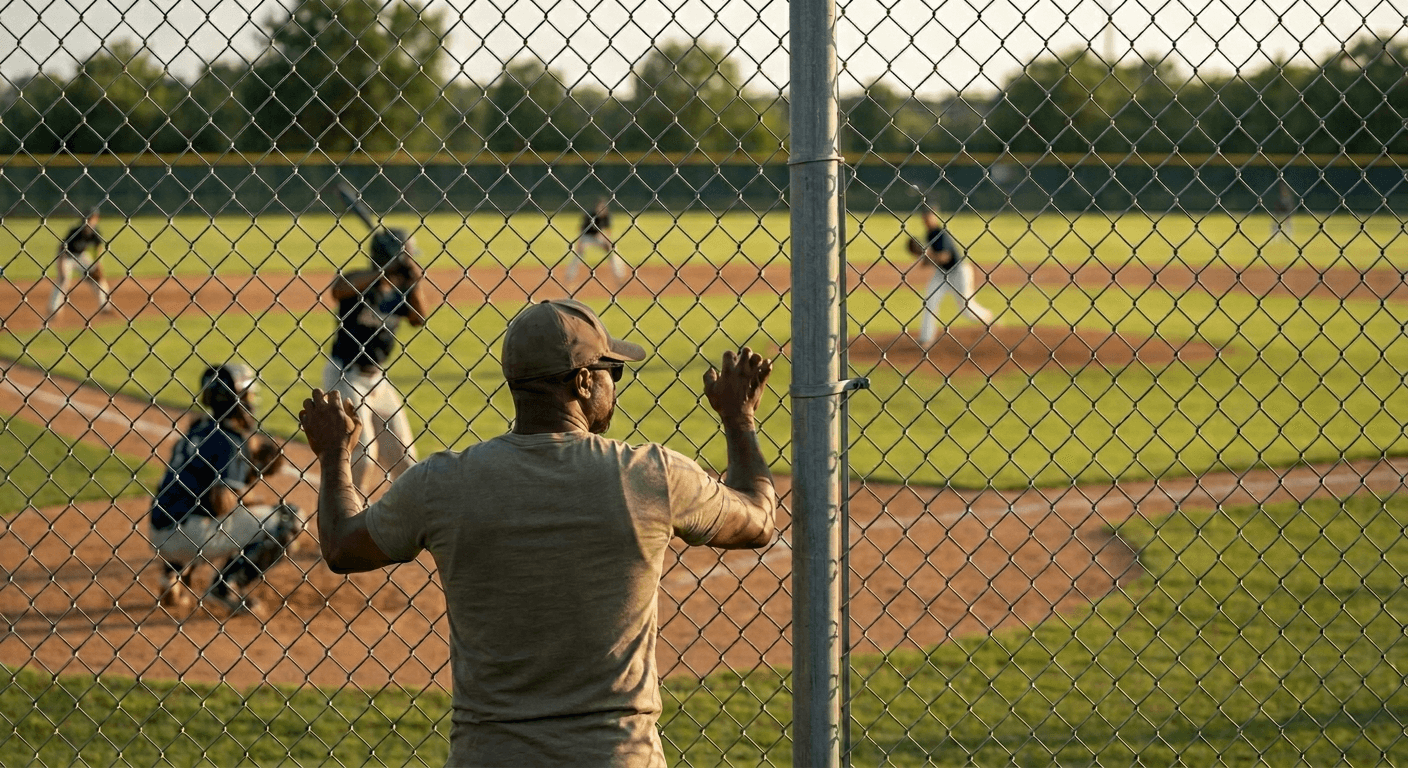 Parent watching from the fence at a baseball game